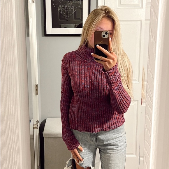 Free People Purple Marled Ribbed Turtleneck Sweater